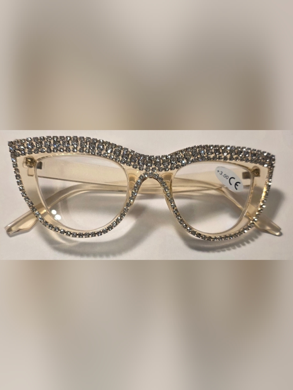 Rhinestone-Embellished Cat Eye Reading Glasses - Champagne
